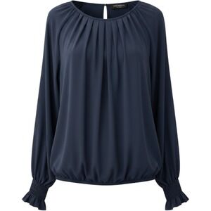 THEENKOLN Navy Blue Pleated Blouse Long Sleeve Smocked Cuff Top Womens Large